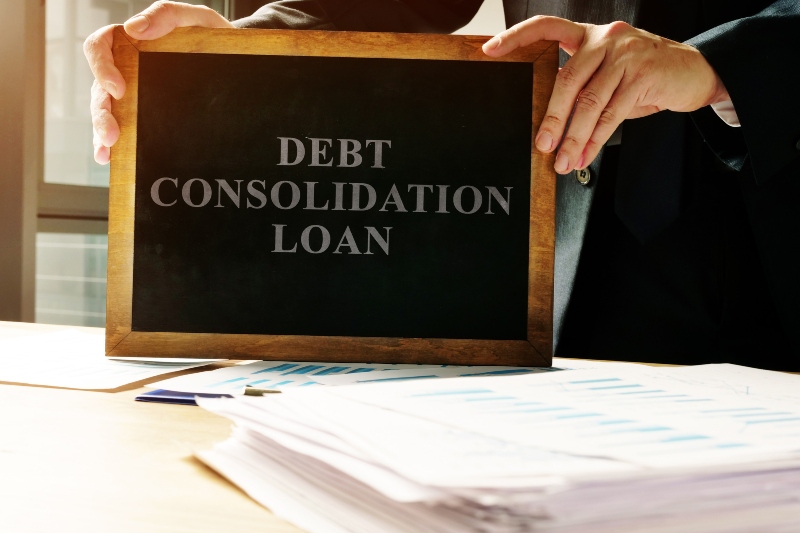 debt consolidation loan sign and pile of papers.